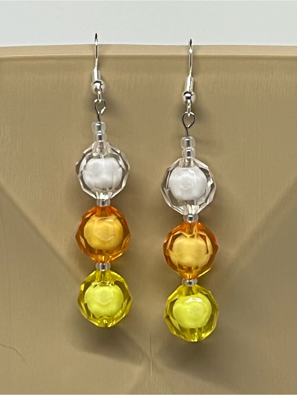 "Candy Corn" Hand Crafted Clear, Orange & Yellow Stacked Bead Drop Earrings